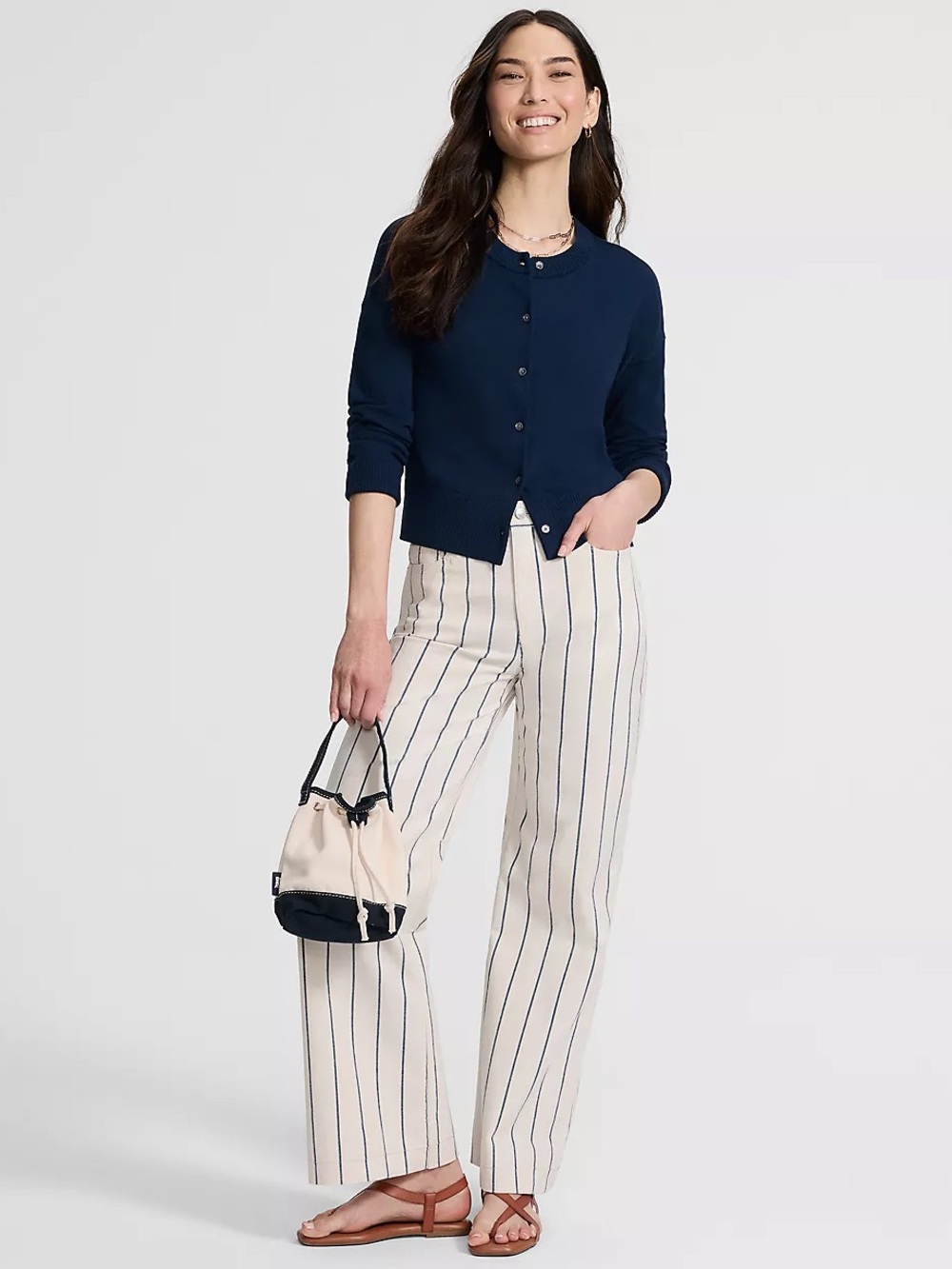 Lands End Women's Petite High Rise 5 Pocket Wide Leg Chino Oxford Stripe Pants